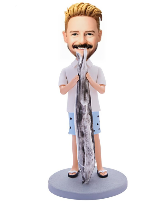 Custom Bobblehead Man Holding Big Fish With Engraved Text