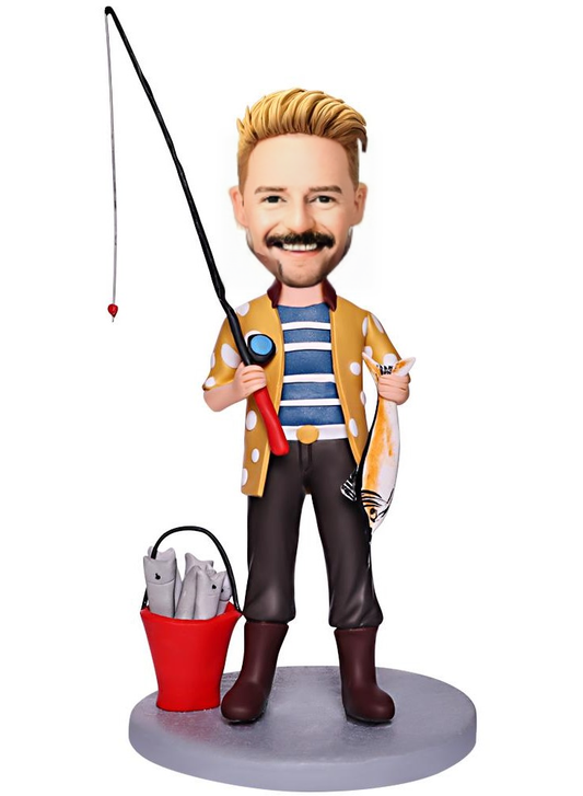 Custom Bobblehead Man Catching a Bucket of Fish With Engraved Text