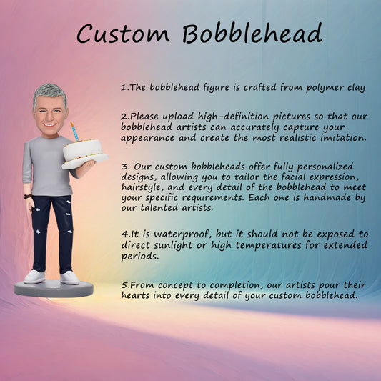 Custom Bobblehead: Birthday Man - A bobblehead featuring a man holding a birthday cake, customizable with engraved text for a special gift.