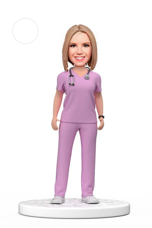 Custom Female Doctor Bobblehead in Purple Scrubs with Engraved Text National Doctors Day Gift