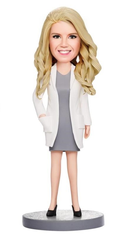 Female Doctor In White Dress Custom Bobblehead With Engraved Text