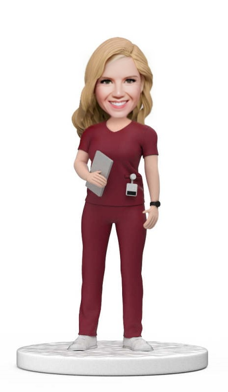 Custom Female Doctor Bobblehead in Red Holding a Tablet Scrubs with Engraved Text National Doctors Day Gift