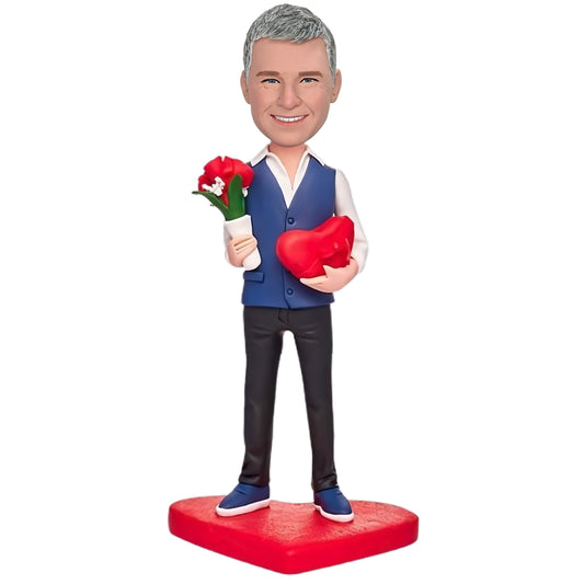 Custom Bobblehead: Romantic Man - A bobblehead showing a man with roses and a heart, customizable with your romantic message.